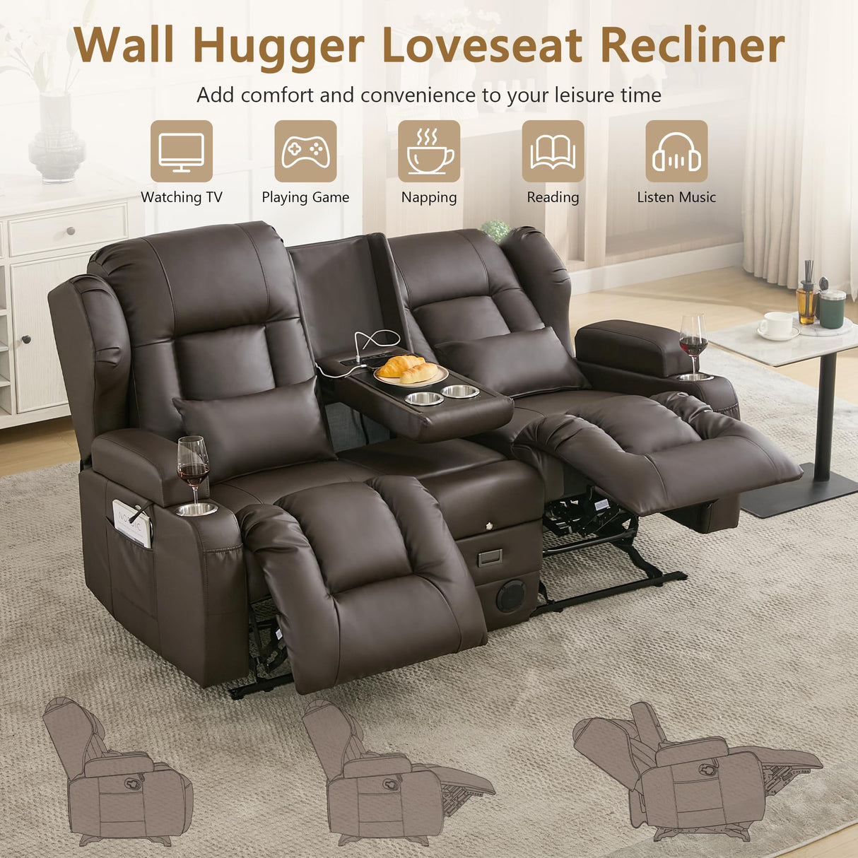 URRED Loveseat Rocker Recliner Sofa with Console, Manual Reclining Loveseat RV Couch Double Rocking Chair Nursery with Cup Holders, Side Pocket, Bluetooth Speaker, USB, Outlets (Dark Brown) URRED