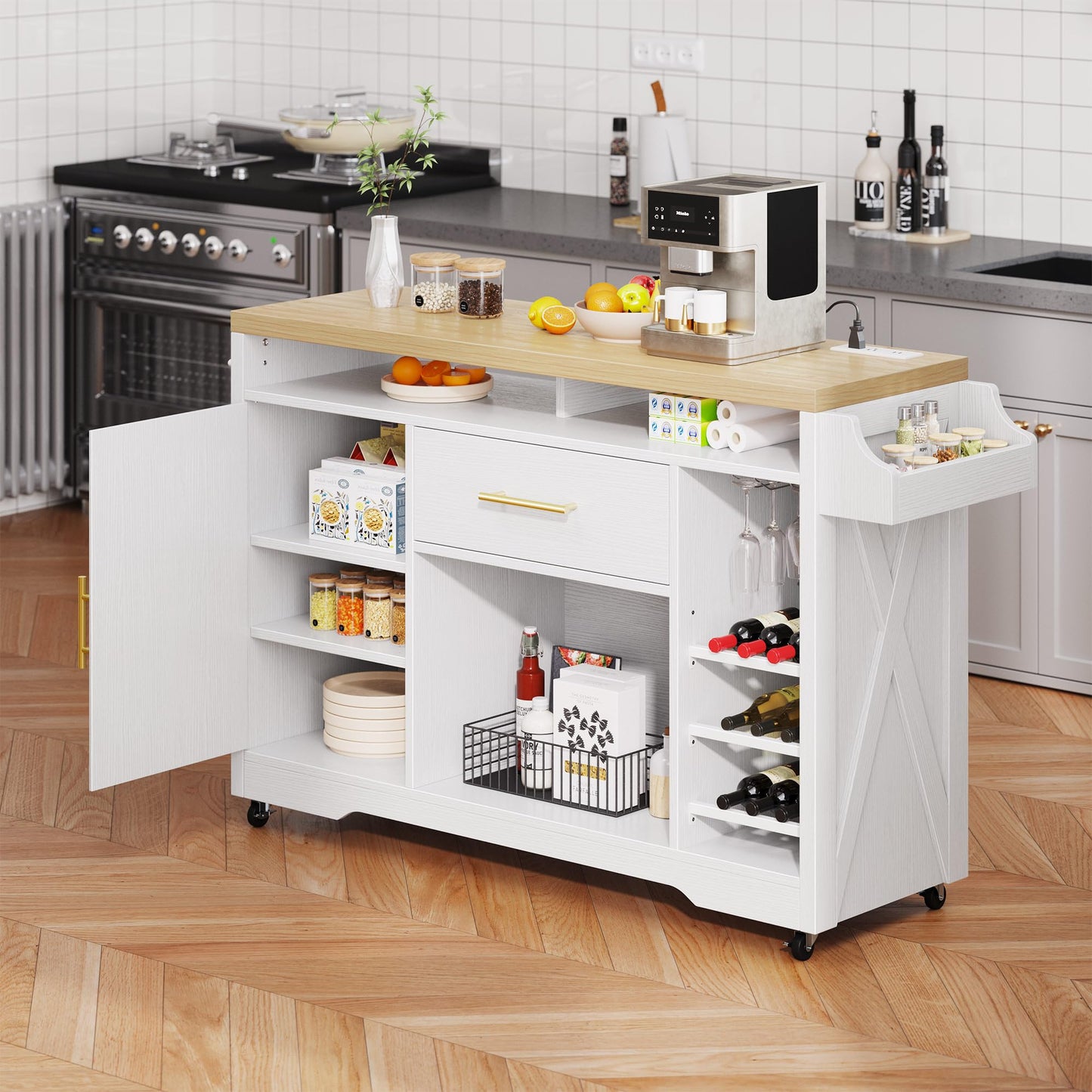 YITAHOME 53 Inch Mobile Kitchen Island with Power Outlet, Wine Rack, and Spice Storage in White & Oak