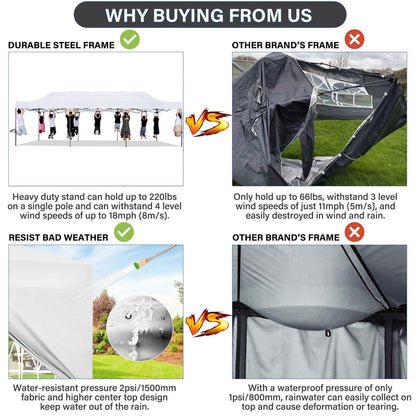 COBIZI 10x30 Pop Up Canopy with 8 Sidewall,Heavy Duty Canopy UPF 50+ All Season Wind Waterproof Commercial Outdoor Wedding Party Tents for Parties Canopy Gazebo with Roller Bag(10 x 30 ft White)