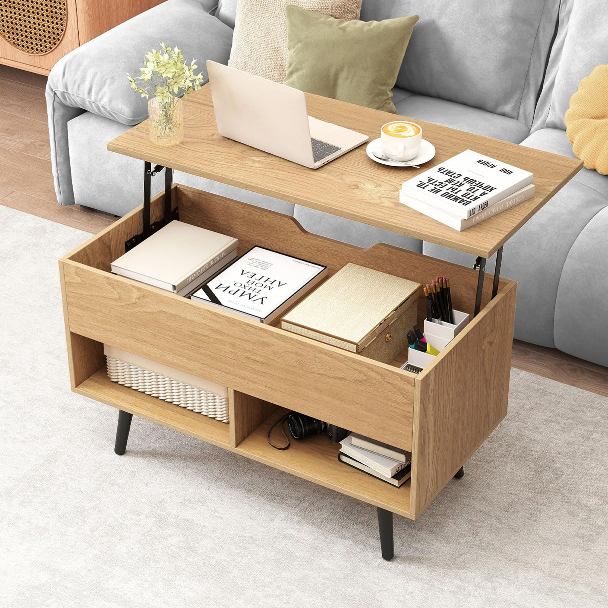 Giantex Lift Top Coffee Table, Modern Cocktail Table w/Hidden Compartment & 2 Open Shelves, Flip Top Center Table, Wooden Pull up Coffee Table for Living Room, Reception Room, Office (Natural) Giantex