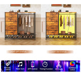 Dresser for Bedroom, Dresser with Hanging Rack Led Lights and Charging Station, Bedroom Dresser with 5 Fabric Chest of Drawers with PU Finish Storage Organizer, for Living Room Kids Room Closet, Brown SOOWERY