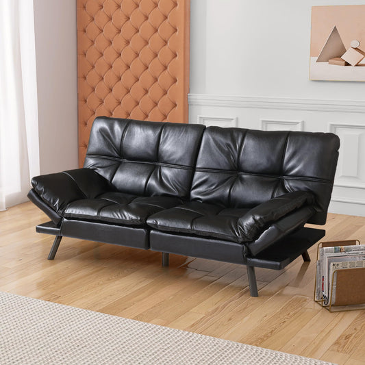 Cozysnooze Convertible Futon Sofa Bed Couch,Faux Leather Futon Sofa Couch,Memory Foam Futons,Small Splitback Modern Loveseat Sleeper Couch Bed for Living Room,Office,Apartment,Bright Black