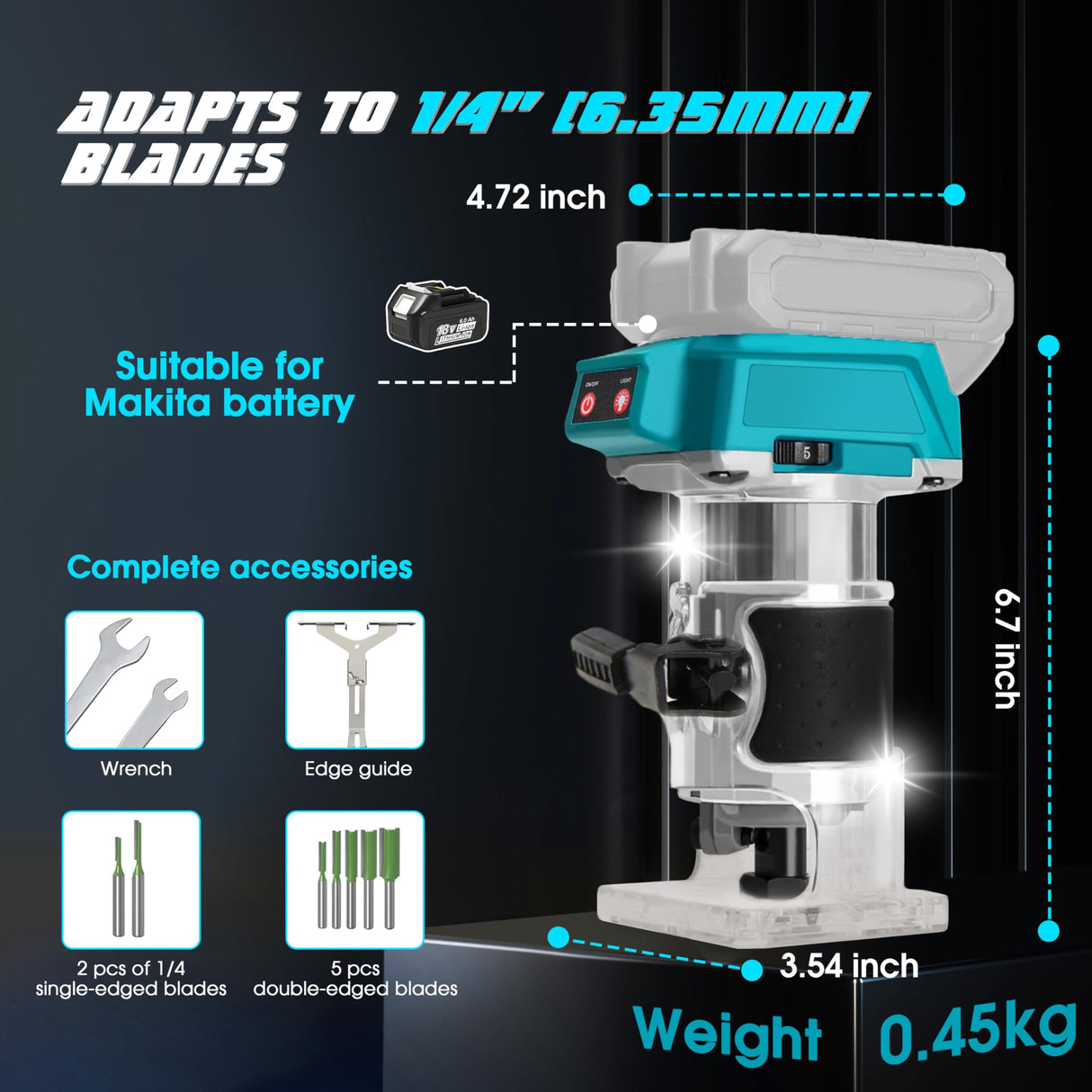 1/4" Cordless Compact Wood Router for Makita 18V Battery (Bare Tool), 6 Variable Speeds Fixed Base Palm Plunge Router with Trim Router Bits for Woodworking (Blue) Aoikoy