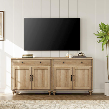 WAMPAT Farmhouse TV Stand for 75 inch TV with 4 Doors and 2 Drawers, Wood Universal TV Stand with Storage Cabinets, Oak Entertainment Center TV Console Table for Living Room, Bedroom WAMPAT