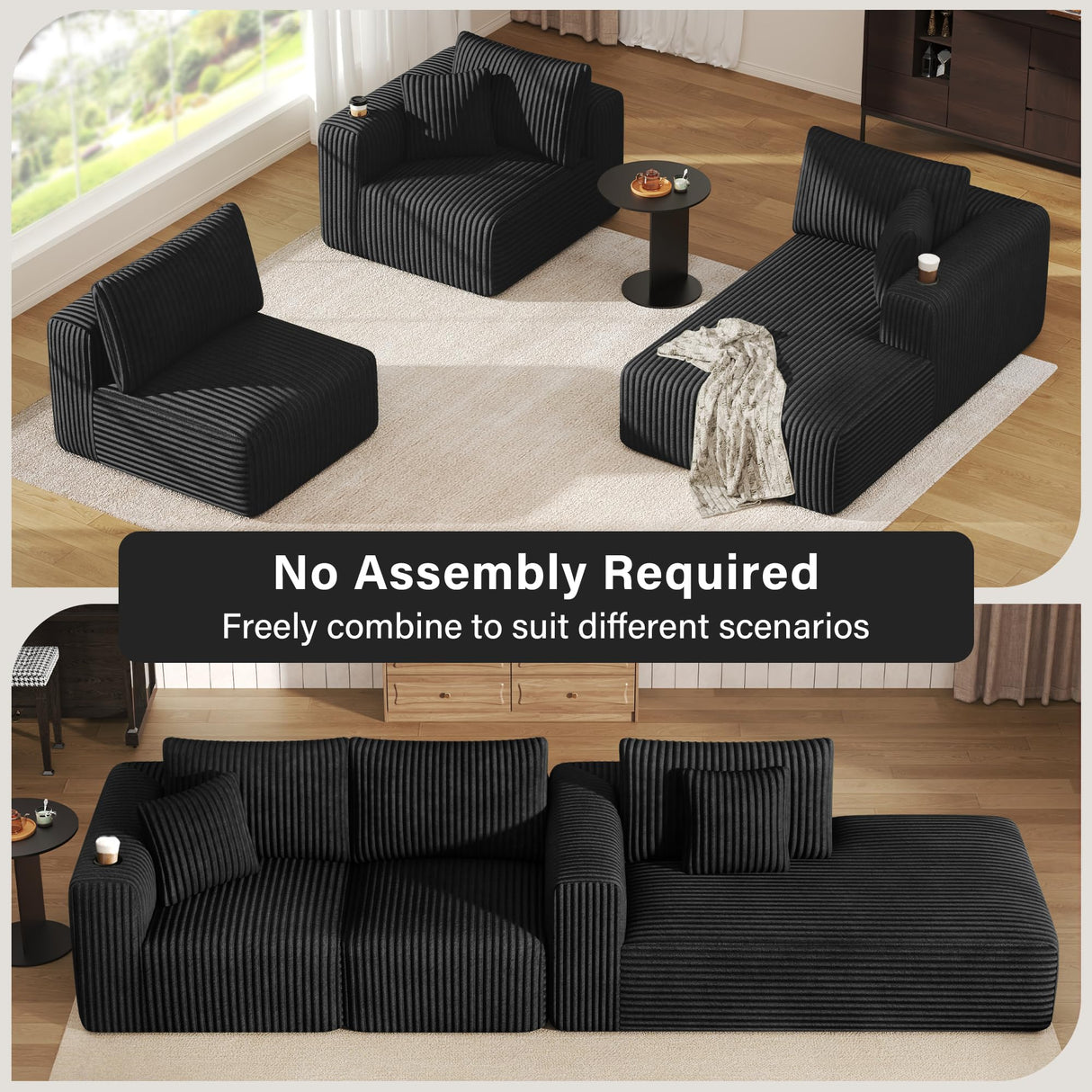 DURASPACE Modular Sectional Sofa, Cloud Boneless Couch with Deep Seat, Cup Holder, Memory Foam, Corduroy L Shaped Couch Convertible Sofa Bed for Living Room Bedroom, No Assembly Required DURASPACE