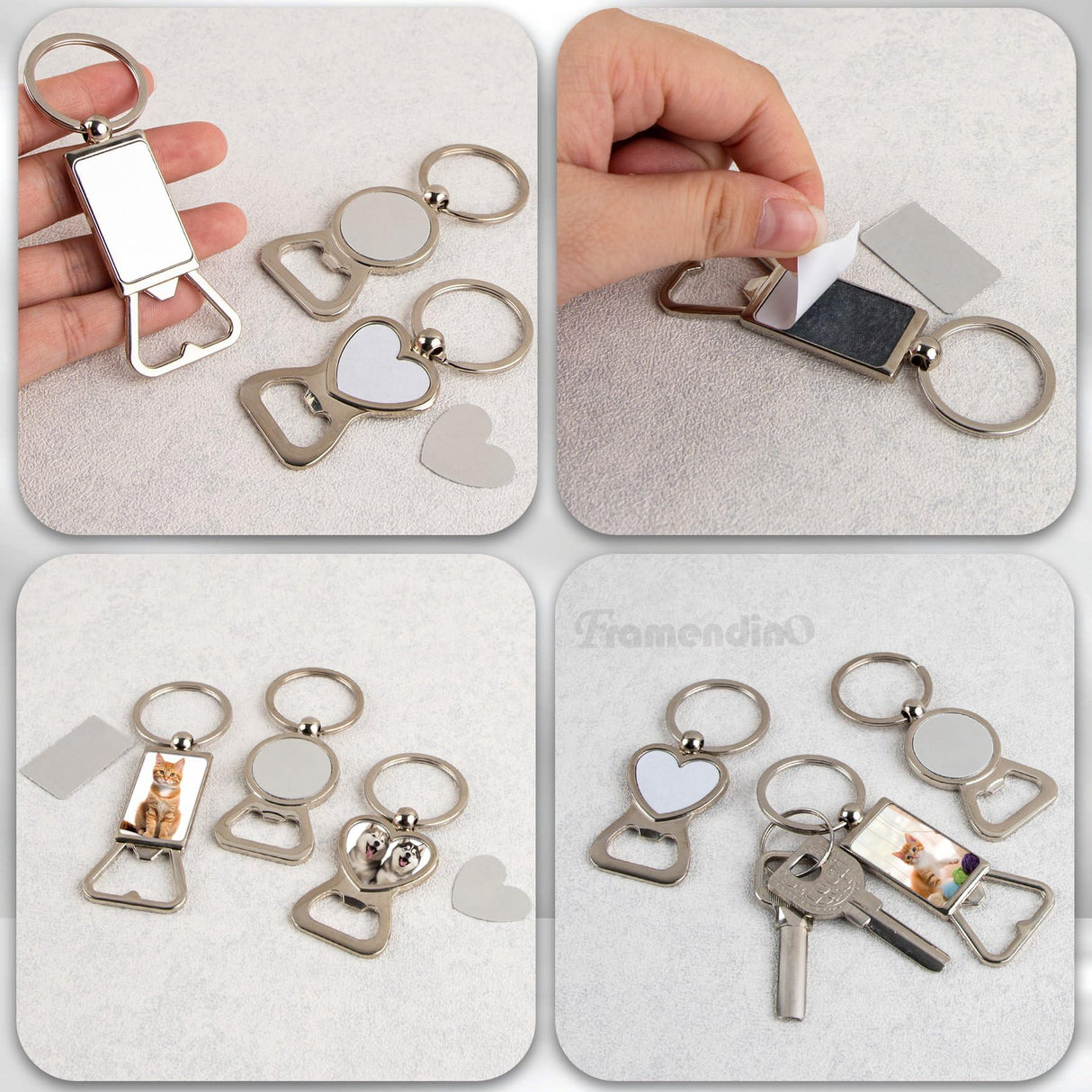 Framendino, 30 Pack Sublimation Metal Bottle Opener Transfer Blank Key Rings for DIY Photos 3 Styles Framendino