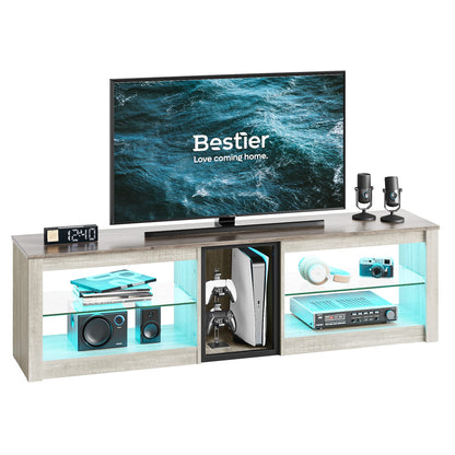 Bestier TV Stand for 70 inch TV, Gaming Entertainment Center for PS5, LED TV Cabinet with Glass Shelves for Living Room, 63'' Inch, White Wash