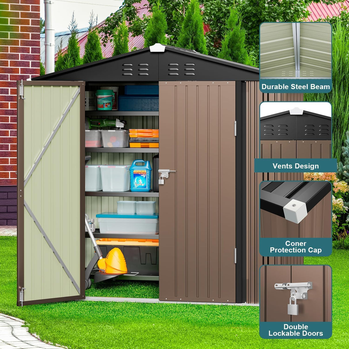 Gizoon Outdoor Storage Shed 6 x 4 FT, Galvanized Metal Garden Shed with Double Lockable Doors, Outdoor Storage Clearance for Backyard Patio Lawn-Light Brown Gizoon