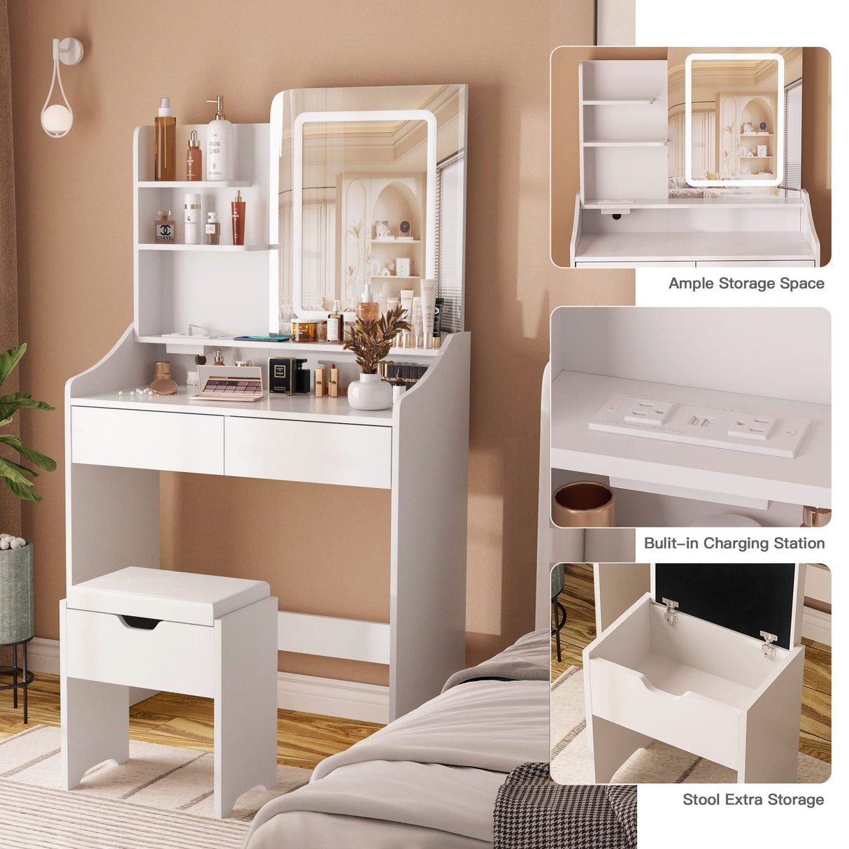 Vabches Vanity Desk with LED Light Mirror and Charging Station 30.3in, Small Vanity Set with 4 Storage Shelves 2 Drawers, Vanity for Girls Women with Storage Stool, Vanity Table for Bedroom (White) Vabches