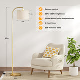 Ambimall Gold Arc Floor Lamp with Remote - Dimmable Bulb, Colors Temperature Adjustable, Easy Assembly, Modern Standing Lamp for Living Room Bedroom Office Reading Room Nursery (Beige Linen Shade) Ambimall