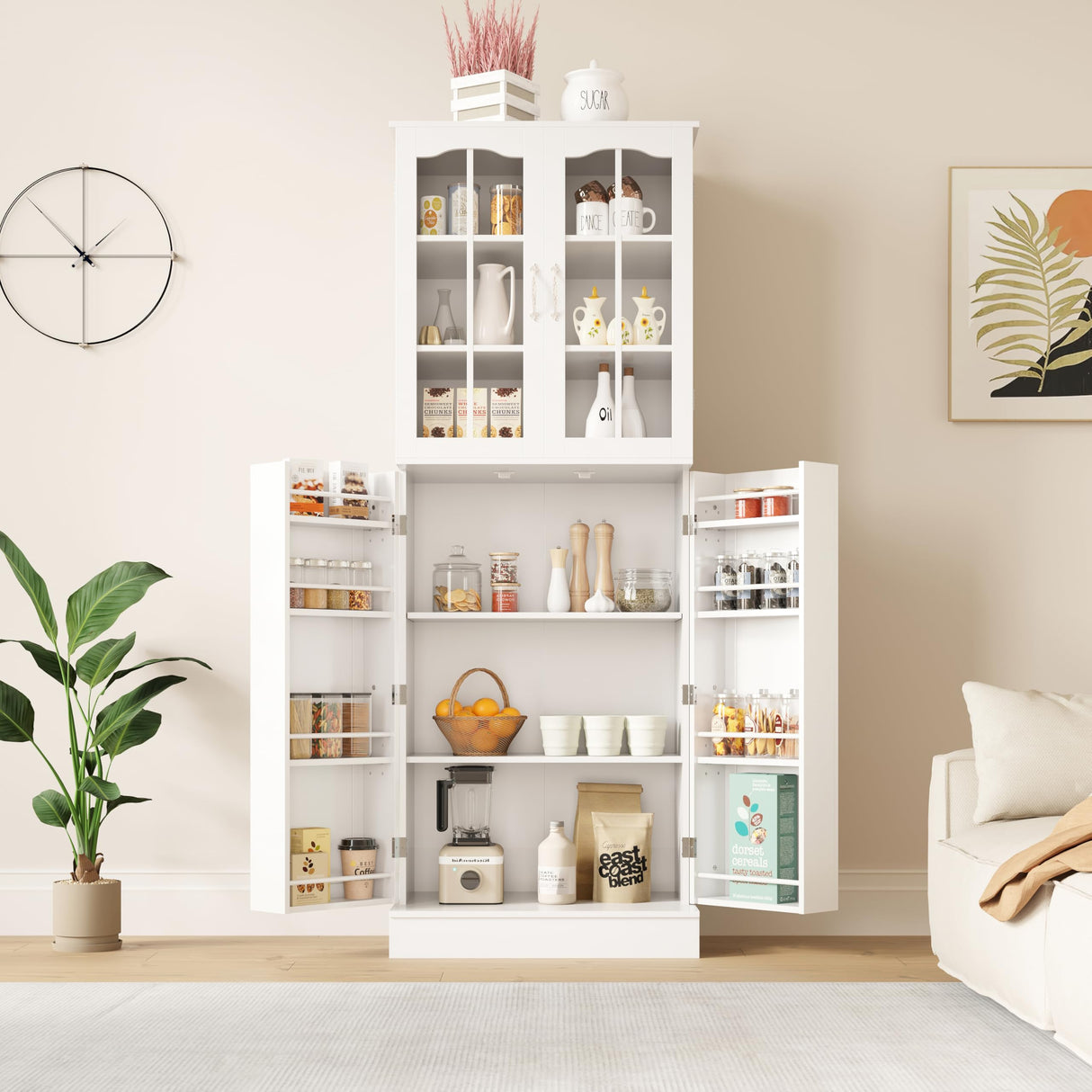 kepptory 64" Kitchen Pantry Cabinet, Pantry Storage Cabinet with Adjustable Shelves, Kitchen Buffet Cupboards Storage Cabinet for Home Office Use (White, 16" D x 24" W x 64" H) kepptory