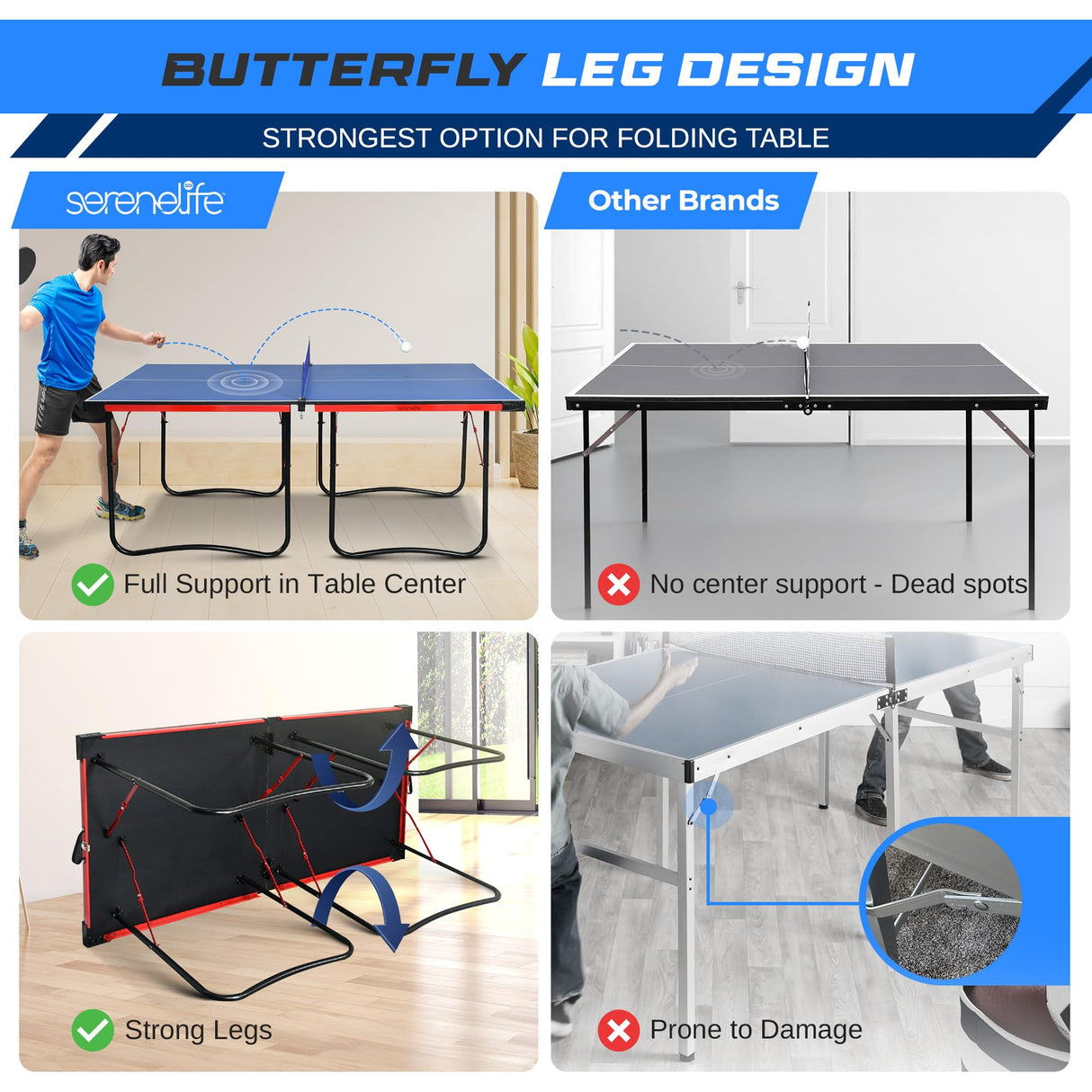 SereneLife Midsize Portable Ping Pong Table Set with Net, Clipper, Post - 6’ x 3’ Foldable Space-Saving Design, Blue SereneLife