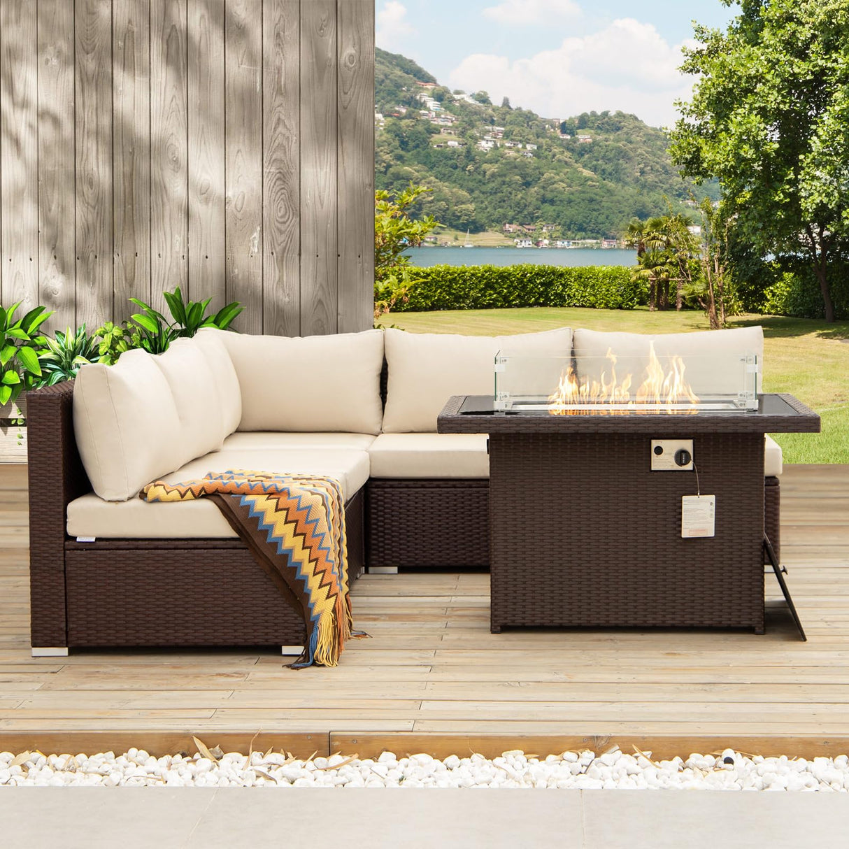 NICESOUL 6 Piece Patio Furniture Set with Firepit, 29.3'' High-Back Outdoor Sectional with Fireplace Natural Gas Propane Convertible, Comfy Deep Wide Seating Conversations for Outside, Brown NICESOUL