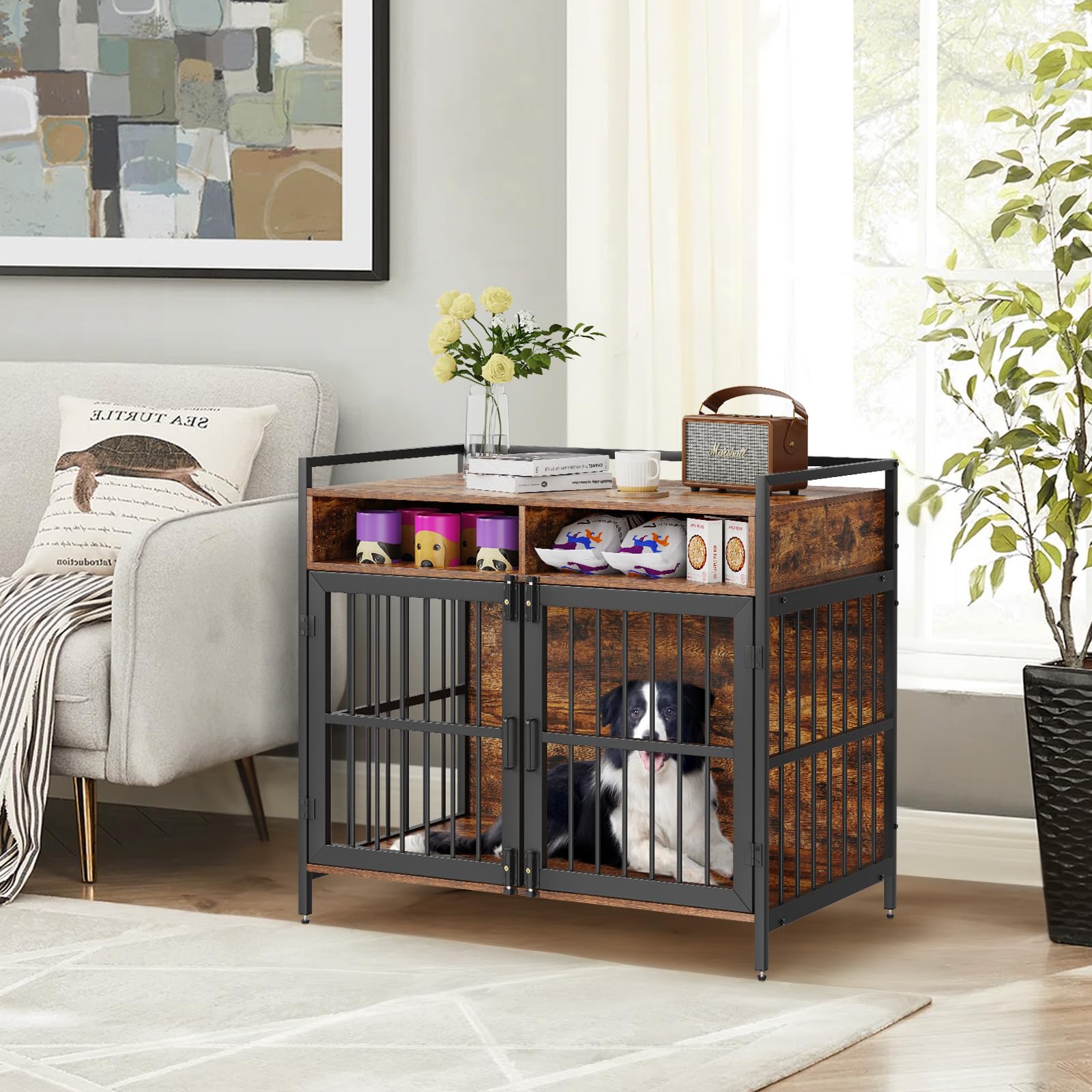 VEVOR Furniture Style Dog Crate with Storage, 41 inch Dog Crate Furniture Large Breed with Double Doors, Wooden Dog Cage for Large/Medium Dog Indoor, Hold up to 70 lbs, Rustic Brown - WoodArtSupply