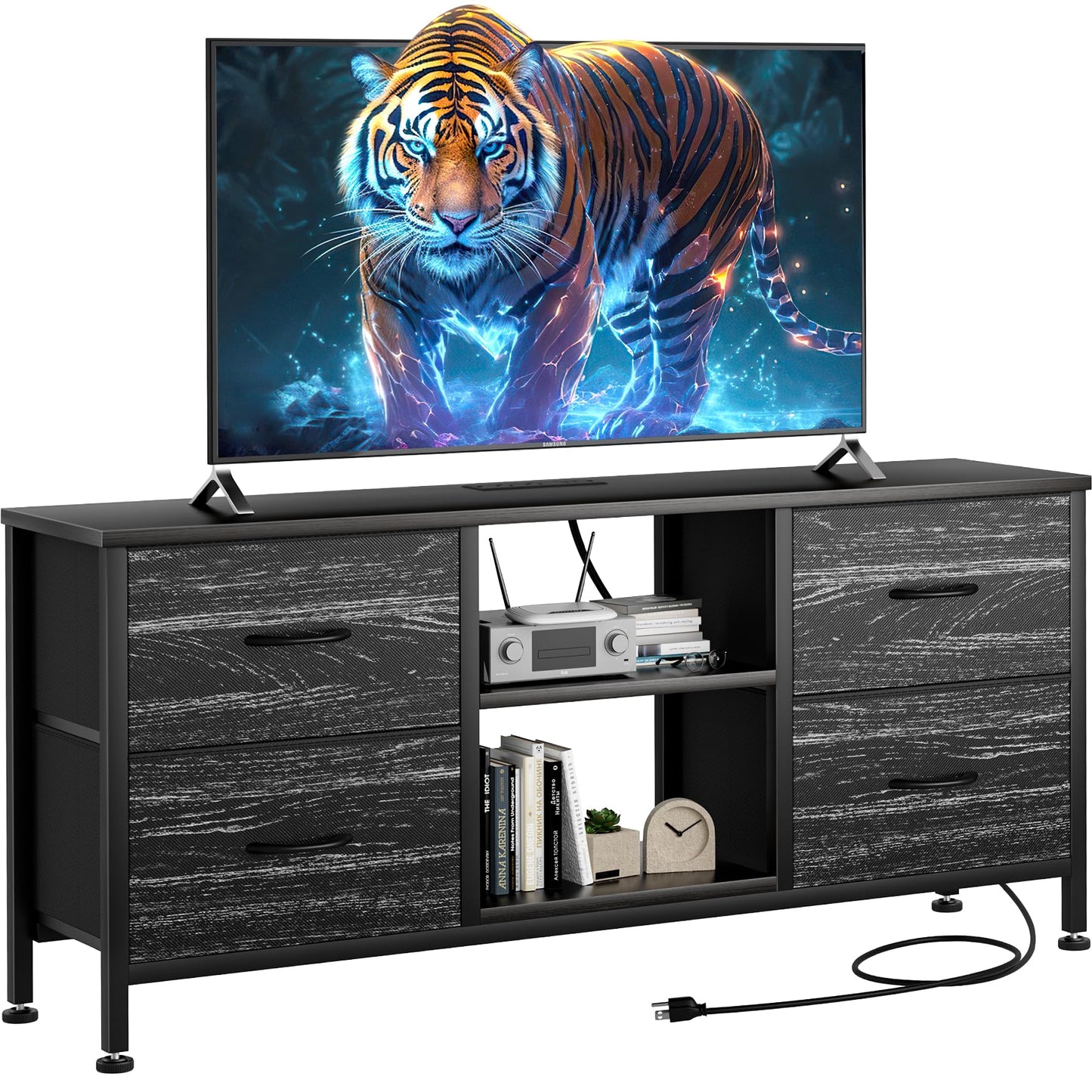 YaFiti TV Stand for Bedroom, Dresser TV Stand with 4 Fabric Drawers & Open Shelves for 50" TV, Entertainment Center with Power Outlet, Dresser for Bedroom, Living Room, Entryway, Black Wood Veins