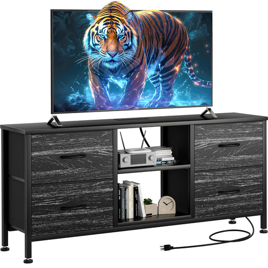 YaFiti TV Stand for Bedroom, Dresser TV Stand with 4 Fabric Drawers & Open Shelves for 50" TV, Entertainment Center with Power Outlet, Dresser for Bedroom, Living Room, Entryway, Black Wood Veins