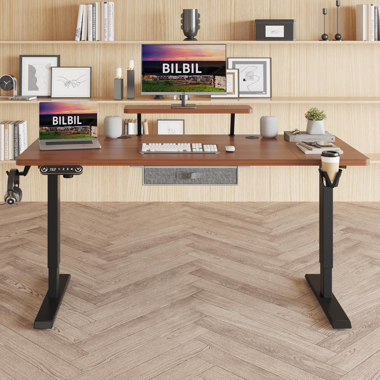 bilbil Electric Standing Desk with Drawer, 63x30 Inches Adjustable Height Sit Stand Up Desk with Storage Shelf, Home Office Desk Computer Workstation with Dark Walnut Top/Black Frame bilbil