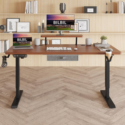 bilbil Electric Standing Desk with Drawer, 63x30 Inches Adjustable Height Sit Stand Up Desk with Storage Shelf, Home Office Desk Computer Workstation with Dark Walnut Top/Black Frame - WoodArtSupply