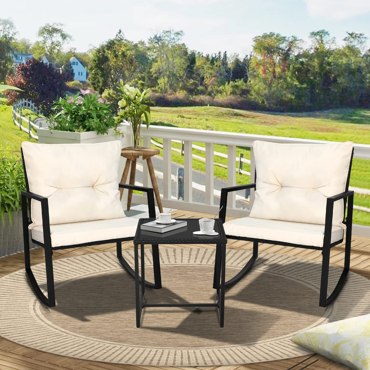 SUNCROWN 3 Piece Outdoor Rocking Bistro Set Black Wicker Furniture Porch Chairs Conversation Sets with Glass Coffee Table, Beige SUNCROWN