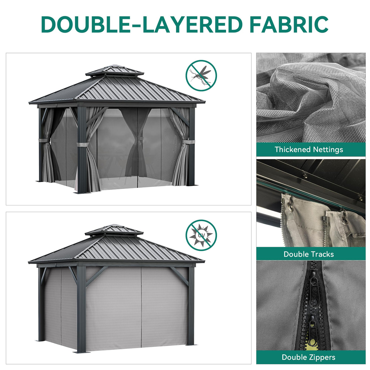 YITAHOME 10x10ft Gazebo Hardtop with Nettings and Curtains, Heavy Duty Double Roof Galvanized Steel Outdoor Combined of Vertical Stripes Roof for Patio, Backyard, Deck, Lawns, Gray YITAHOME