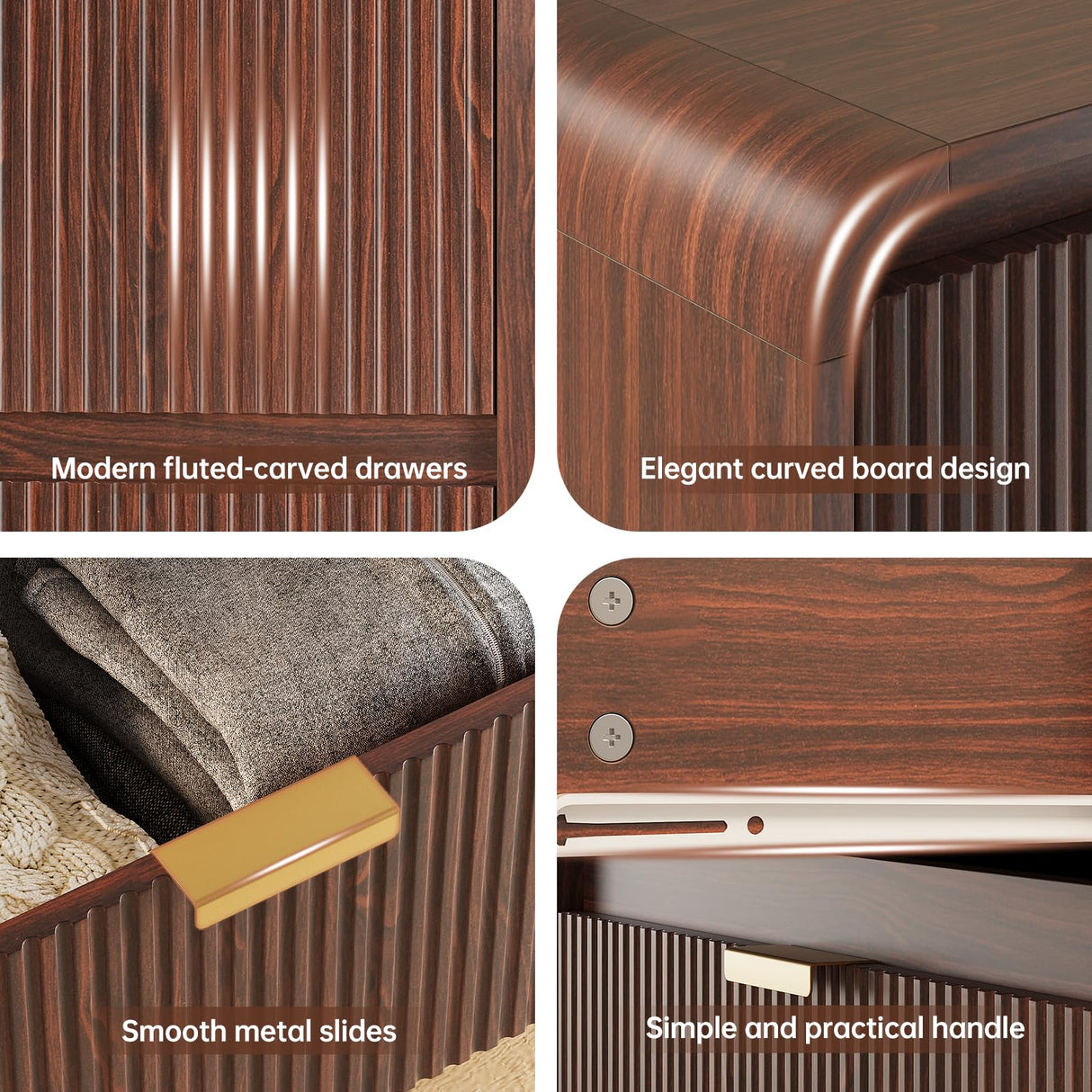 FURSUN Fluted 6 Drawers Dresser for Bedroom, 54" Wide Wooden Dresser with Metal Handle, Curved Profile Design, Modern Storage Organizer for Bedroom, Living Room, Hallway, Walnut FURSUN