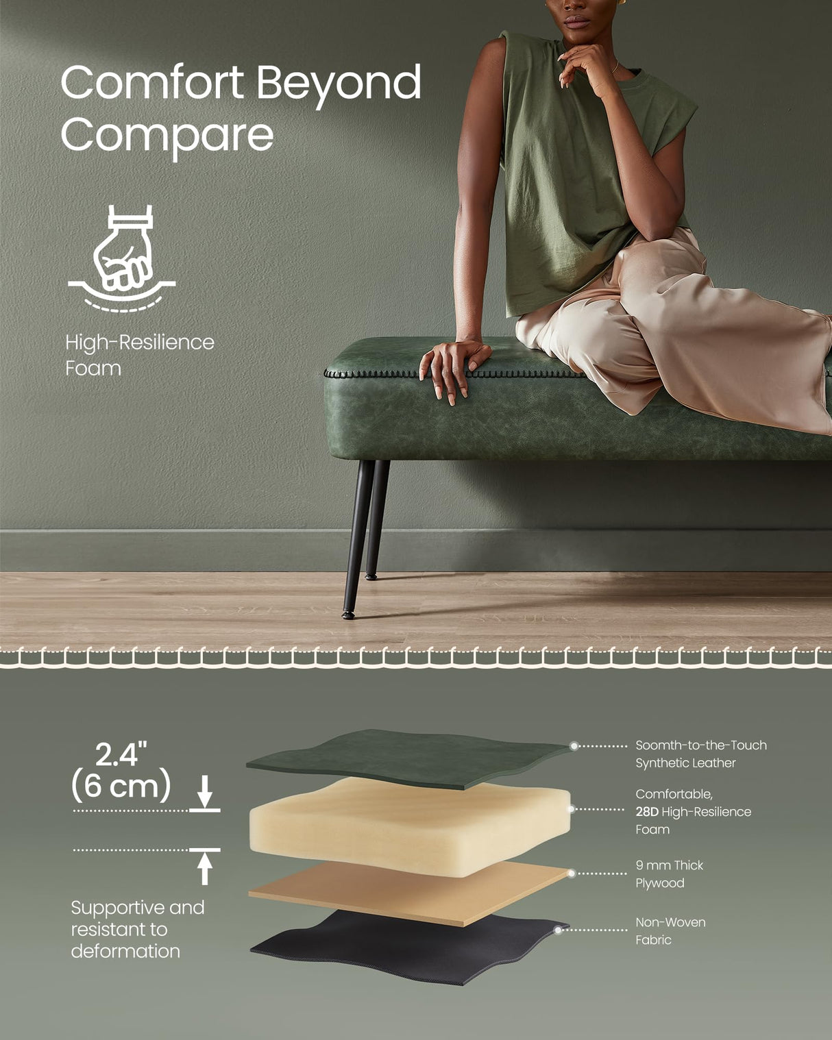 VASAGLE EKHO Collection - Bench for Entryway Bedroom, Synthetic Leather with Stitching, Ottoman Bench with Steel Legs, Living Dining Room, Mid-Century Modern, Loads 660 lb, Forest Green ULOM076C01 VASAGLE