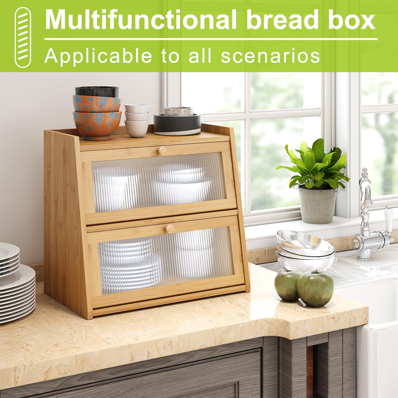 BMOSU Large Bread Box for Kitchen Countertop Double Layer Bread Box Farmhouse Bamboo Bread Box Self-Assembling (Natural) - WoodArtSupply