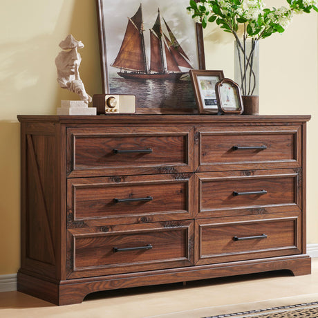 JXQTLINGMU Farmhouse 6 Drawers Dresser for Bedroom, 52'' Wide Large Wood Dressers with Bar Handles, Chests of Drawers with Storage Dressers Organizer for Bedroom, Hallway Off White JXQTLINGMU