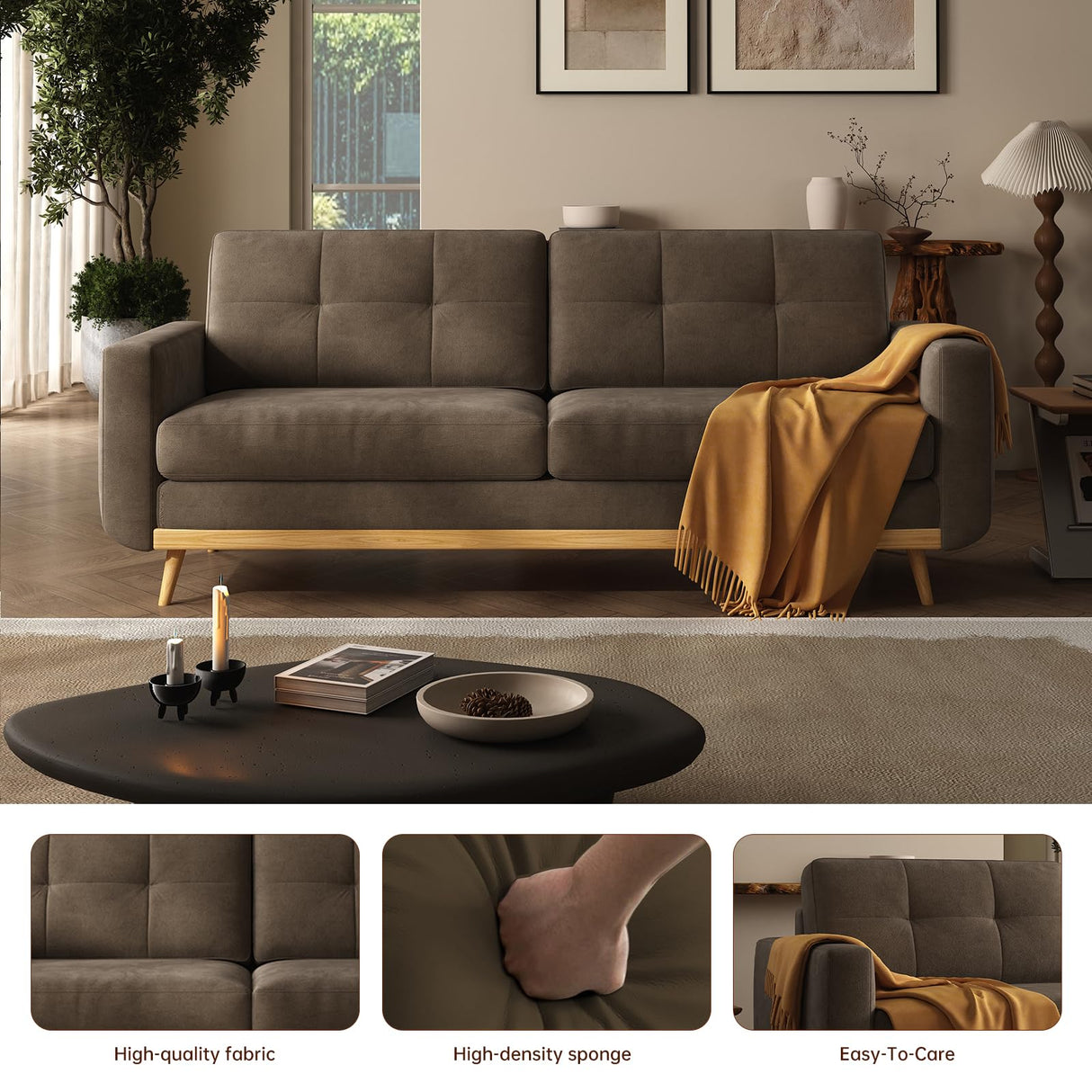 67.7” Loveseat Sofa, Mid Century Modern Decor Love Seat Couches for Living Room, Button Tufted Upholstered Small Couch for Bedroom, Solid and Easy to Install Love Seats Furniture (Brown, 67.7inch) Generic