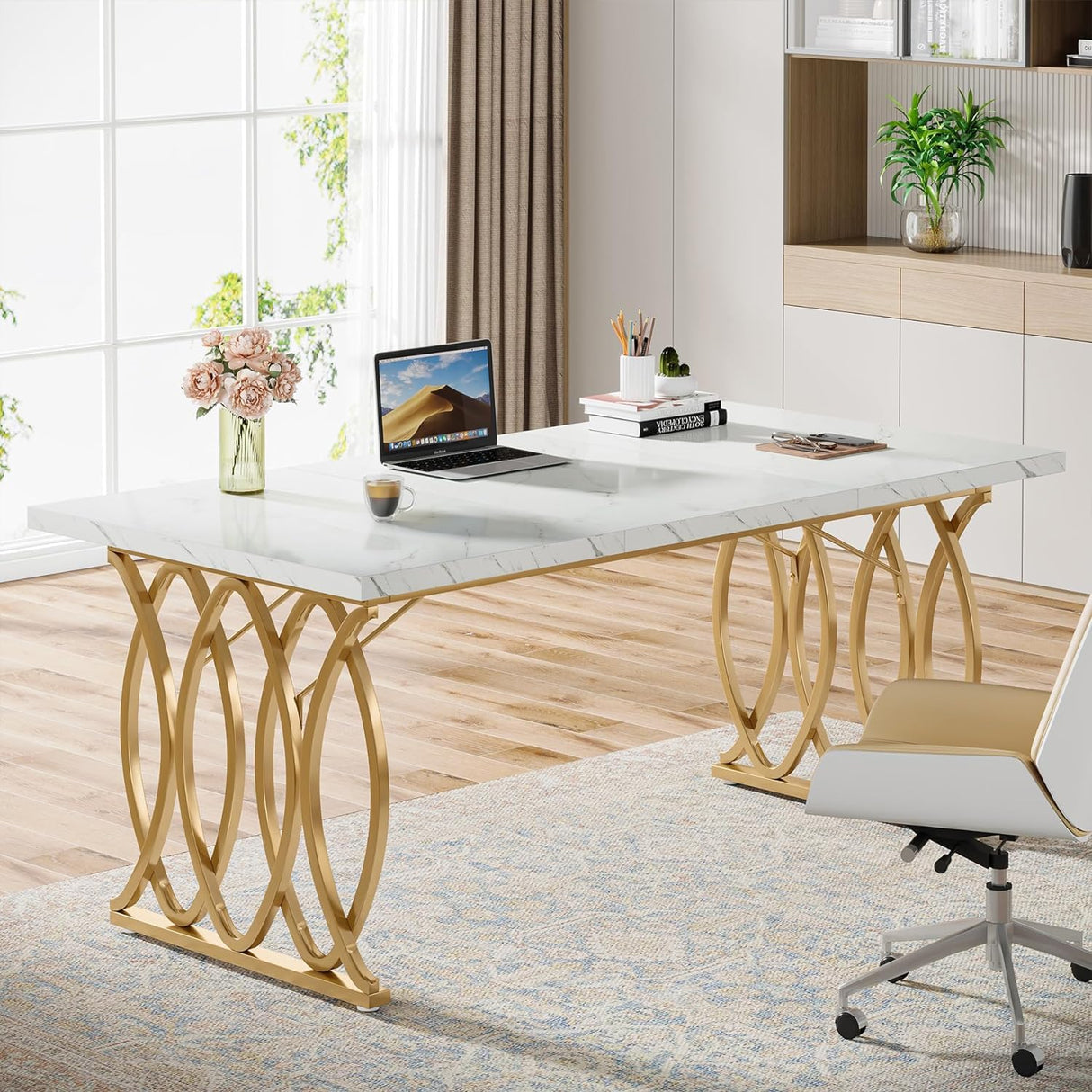 Tribesigns Executive Desk, 63" W Large Computer Desk, Modern Office Desk Conference Table Meeting Room Table, Business Furniture for Home Office, White and Gold Tribesigns
