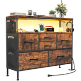 GipGiper Dresser TV Stand with Power Outlets and LED Lights for 45'' TV, 6 Drawers Dresser with Side Pocket, Fabric Chest of Drawers with PU Finish, Sturdy Frame & Wood Top (Rustic Brown) GipGiper