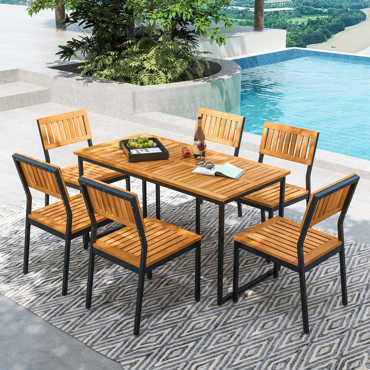 Tangkula 7 Piece Outdoor Dining Set for 6, Acacia Wood Rectangular Dining Table & 6 Armless Chairs w/Metal Frame, Umbrella Hole, Farmhouse Dining Furniture Set for Garden Porch Poolside Tangkula