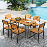 Tangkula 7 Piece Outdoor Dining Set for 6, Acacia Wood Rectangular Dining Table & 6 Armless Chairs w/Metal Frame, Umbrella Hole, Farmhouse Dining Furniture Set for Garden Porch Poolside Tangkula