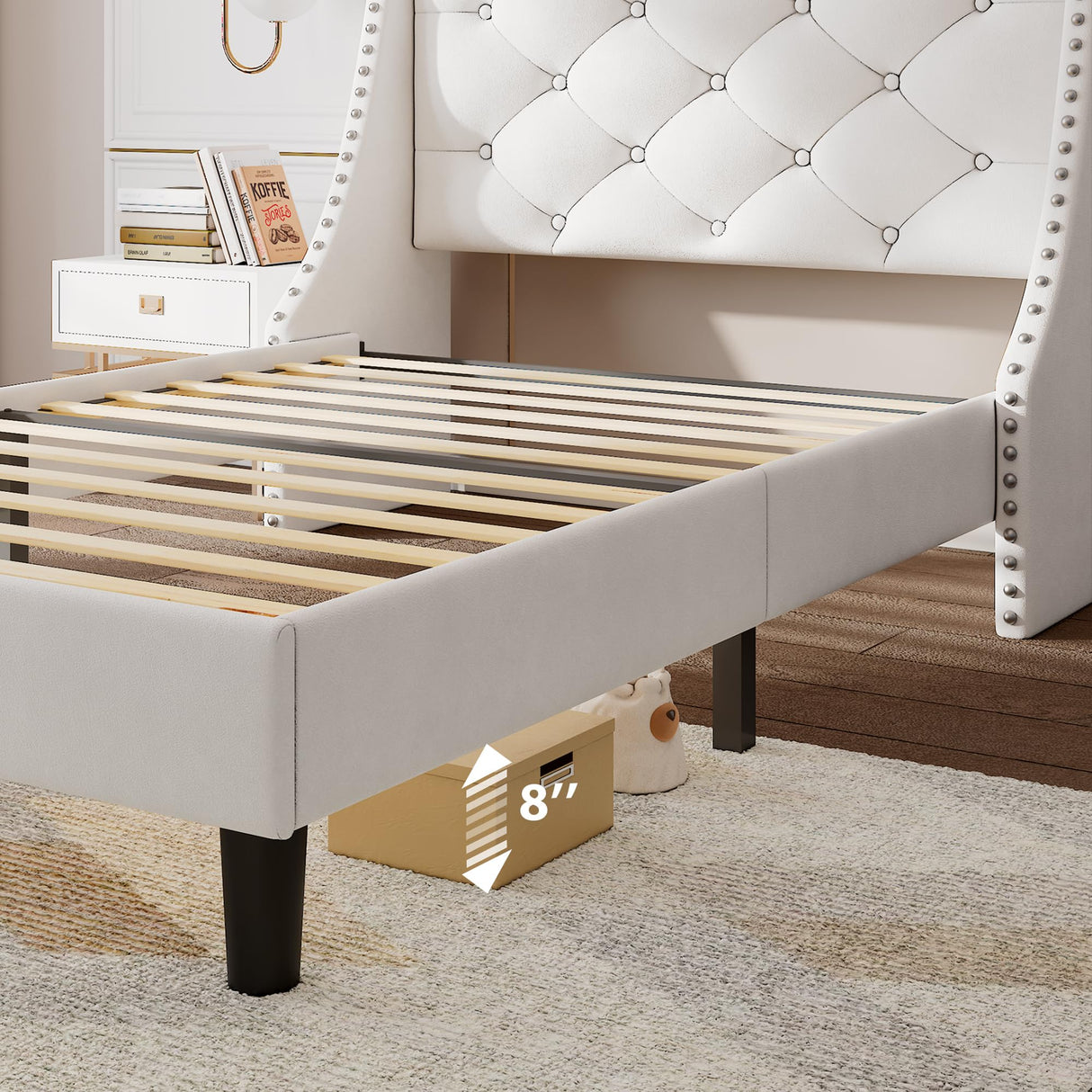 Feonase Velvet Twin Bed Frames with Luxury Wingback and Fast Charging Station,Twin Size Upholstered Button Tufted Storage Headboard Platform Bed,Wooden Slats Support,Noise-Free,Easy Assembly,White Feonase