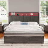 AMERLIFE Full Size Lift Up Bed Frame with Linen Upholstered & LED Light & Storage Headboard, Platform Bed Frame with Charging Station, No Box Spring Needed, Noisy Free, Rustic Grey AMERLIFE