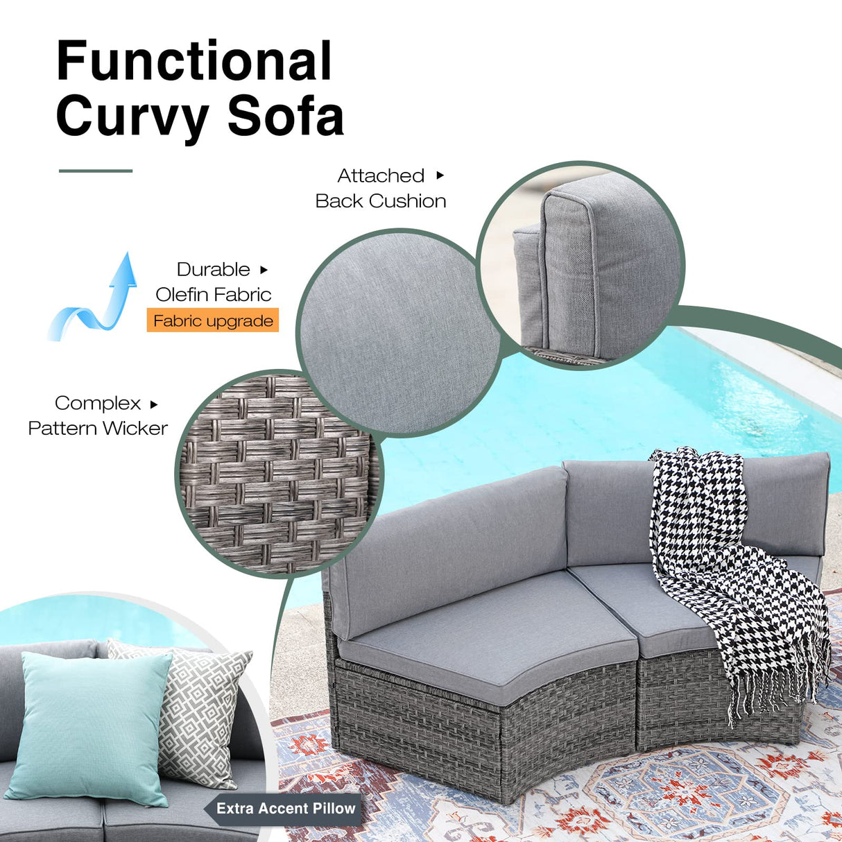 SUNSITT Outdoor Patio Furniture 11-Piece Half-Moon Sectional Round Set Curved Sofa with Tempered Glass Coffee Table, 4 Pillows, Grey Rattan SUNSITT