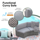 SUNSITT Outdoor Patio Furniture 11-Piece Half-Moon Sectional Round Set Curved Sofa with Tempered Glass Coffee Table, 4 Pillows, Grey Rattan SUNSITT