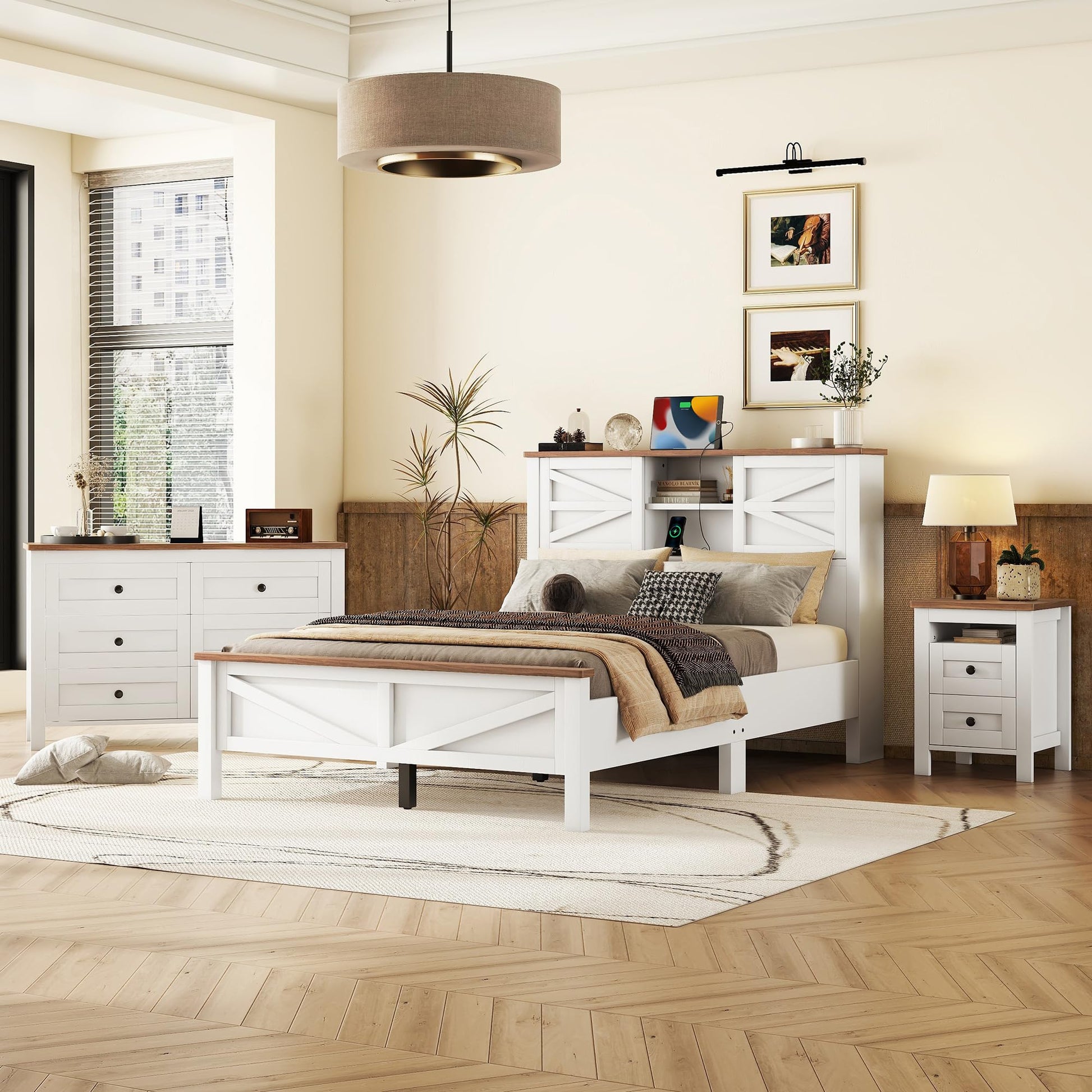 SOFTSEA 3 Piece Queen Bedroom Furniture Set with Platform Bed, Nightstand, and Dresser in White and Brown - WoodArtSupply