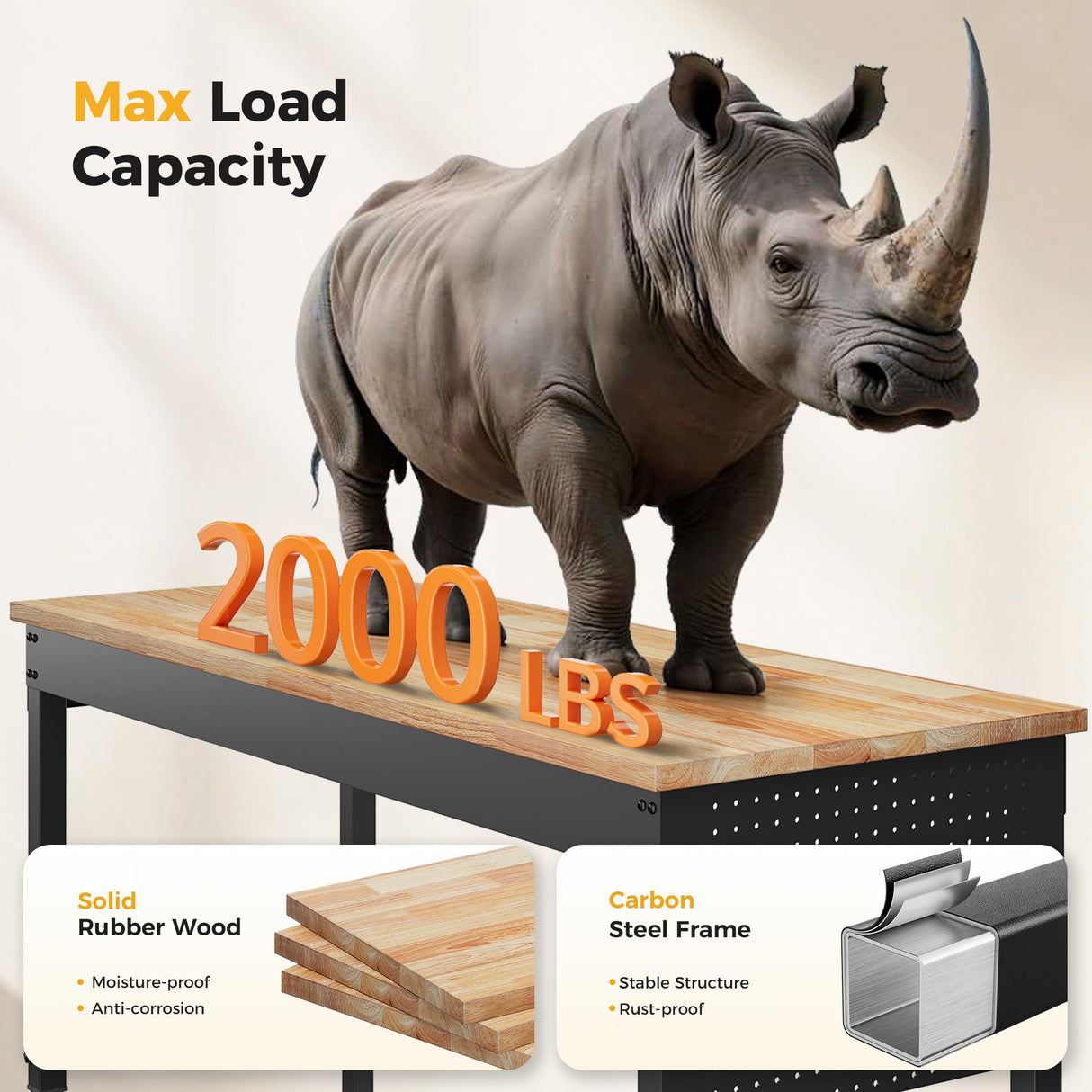 CAMMOO 60" Adjustable Heavy Duty Workbench, 2000 LBS Load Capacity Rubber Wood Work Table with Pegboard, Power Outlets, Work Bench for Garage, Workshop, Office, Home, Commercial CAMMOO