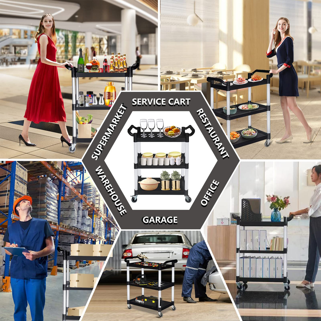 PELOEMNS Plastic Utility Carts with Wheels, Heavy Duty 510lbs Capacity Rolling Service Cart, 3-Tier Restaurant Food Cart with Hammer for Office, Warehouse, Garage (Lockable Wheels, Black) PELOEMNS