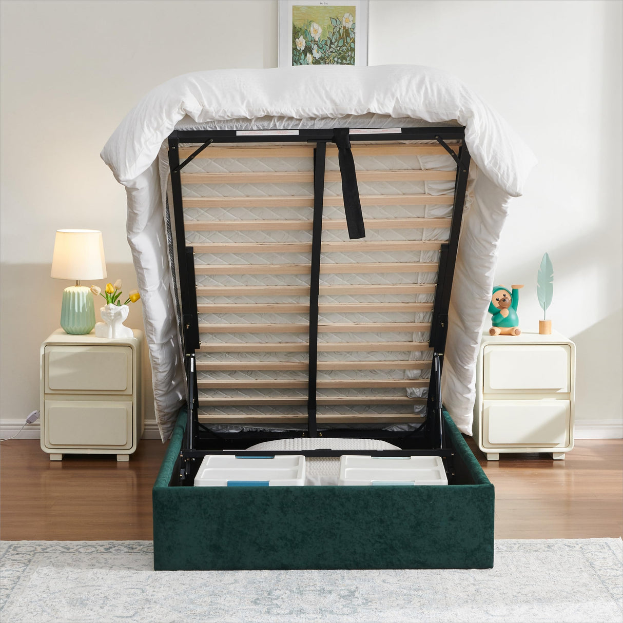 YUHUASHI Queen Size Hydraulic Storage Bed, Upholstered Platform Bed Frame, Modern Wingback Design Headboard, Velvet Fabric with Hydraulic Support Bars, No Box Spring Required (Ink Green, Twin) YUHUASHI