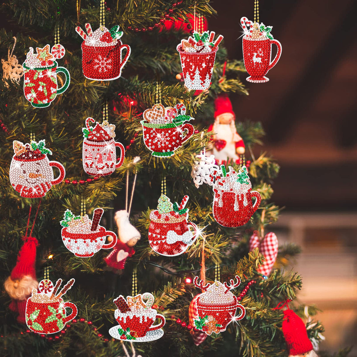 BBTO 15 Pieces Christmas Diamond Painting Keychain Ornaments 5D DIY Hot Cocoa Art for Kids Crafts Family Decor (Cute) BBTO