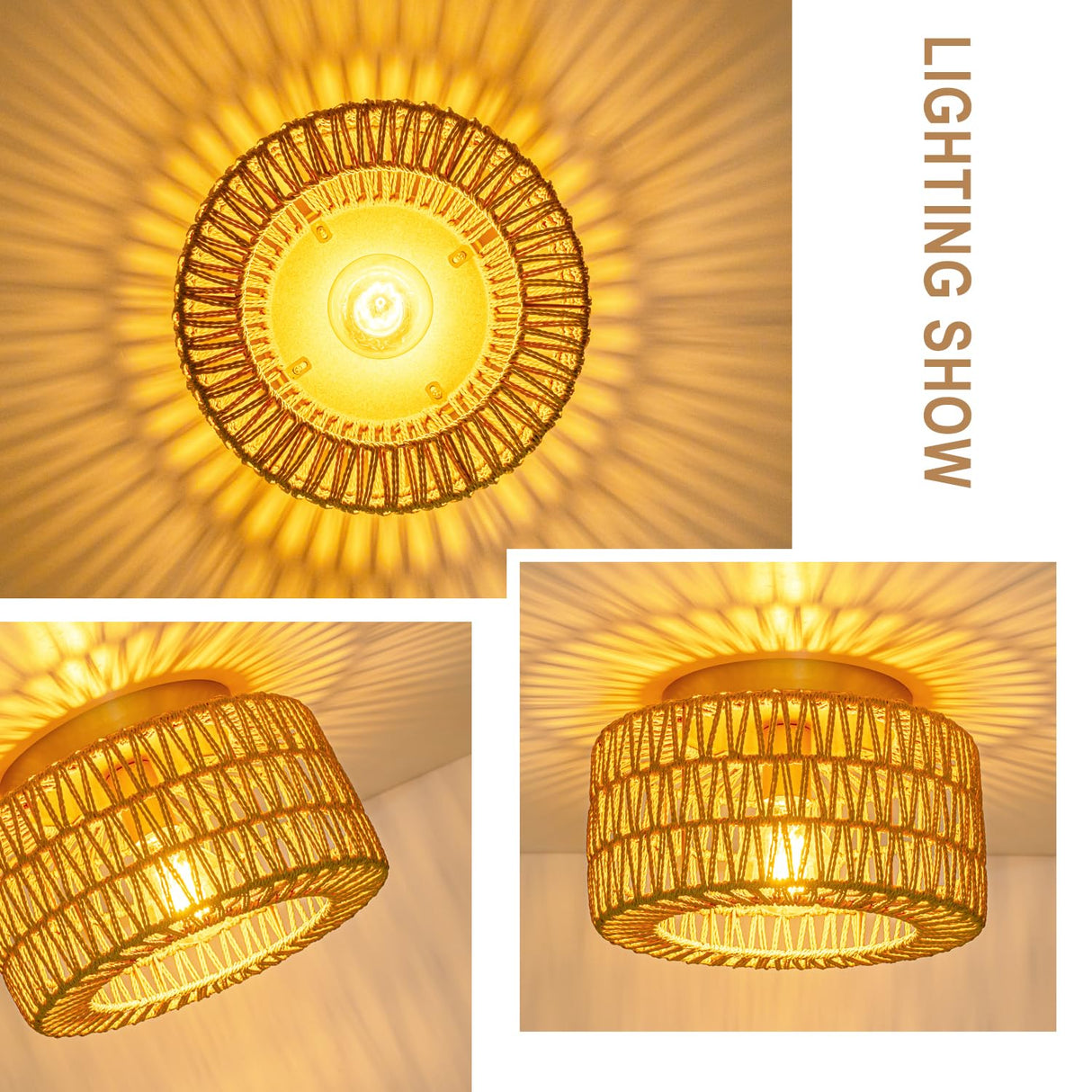 SineRise Rattan Ceiling Light Fixtures (12-Inch, LED Bulb Included), Hand-Woven Boho Flush Mount Ceiling Light, Rattan Chandelier for Hallway Kitchen Farmhouse Foyer Entryway Living Room(Gold) SineRise
