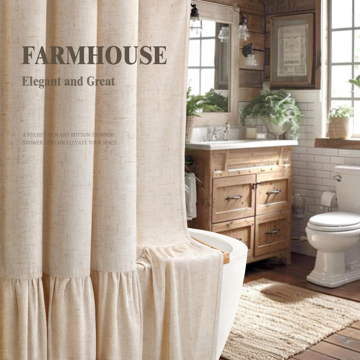 Awellife Linen Farmhouse Shower Curtain with A Ruffle Shower Curtain for Bathroom, Beige Natural 72"x72" 12 Hooks Awellife