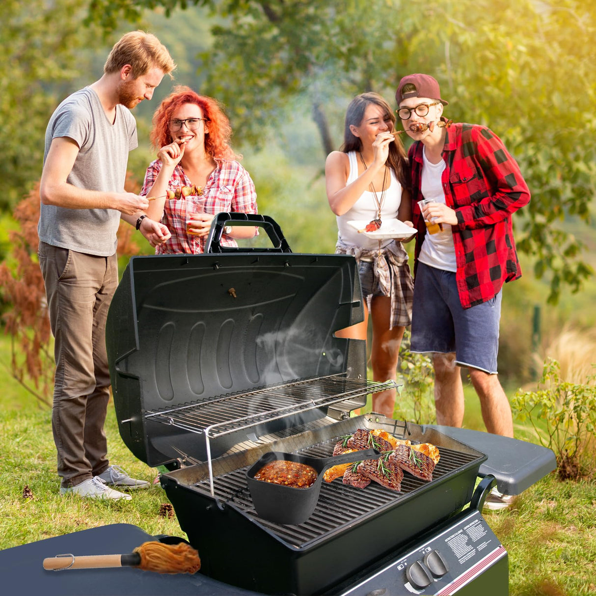 SafBbcue Cast Iron BBQ Sauce Pot and Mop Brush Set,Barbecue Cooking Accessories Heat Preservation Heavy Basting Pot & Mop with 4Pcs Heads for Big Green Egg Grill Grilling,Heavy Pot Gifts for Griller SafBbcue