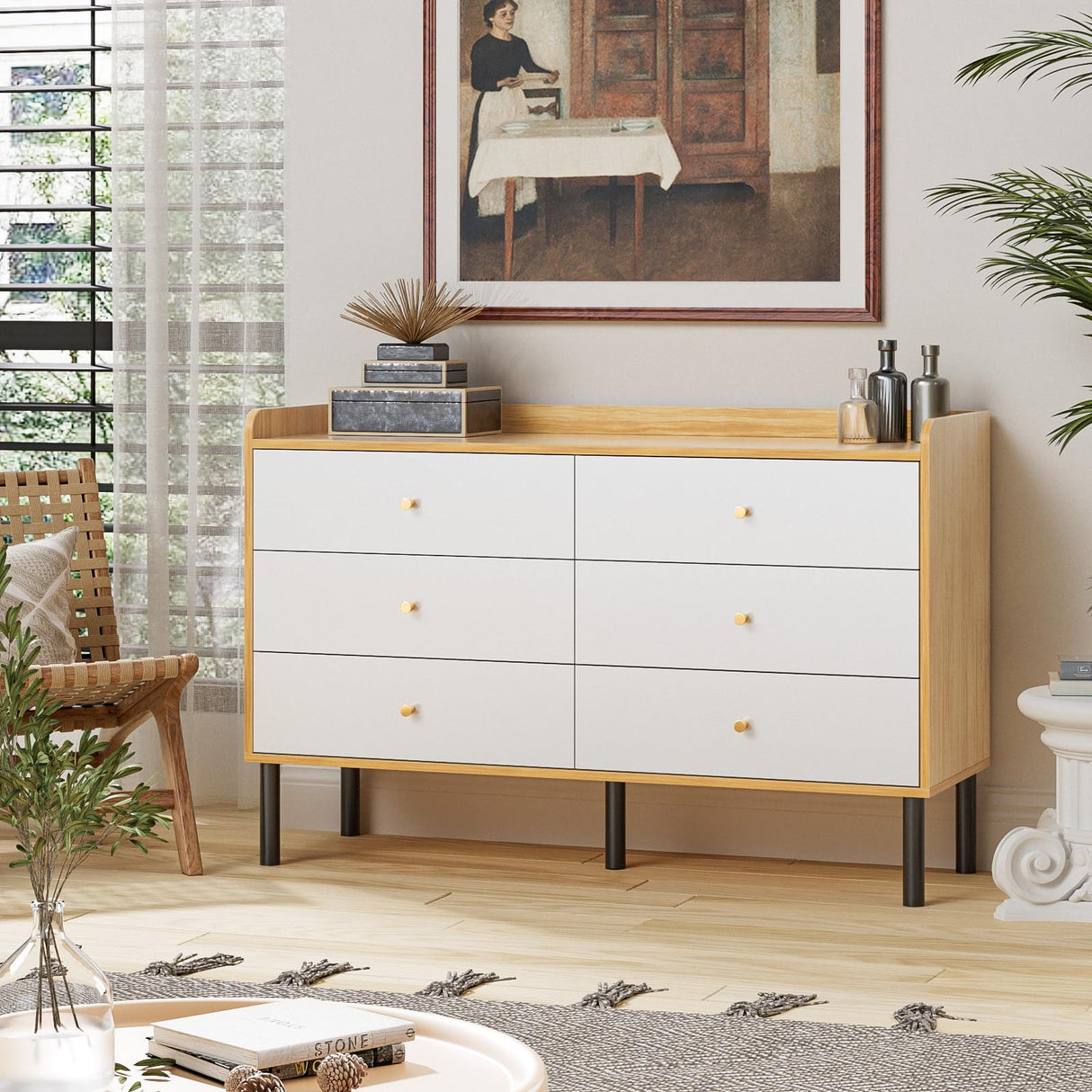 LYNSOM Dresser for Bedroom, 6 Drawer Natural Wood Dresser with Wide Drawer and Metal Handles, Modern Dressers & Chests of Drawers for Hallway Entryway LYNSOM