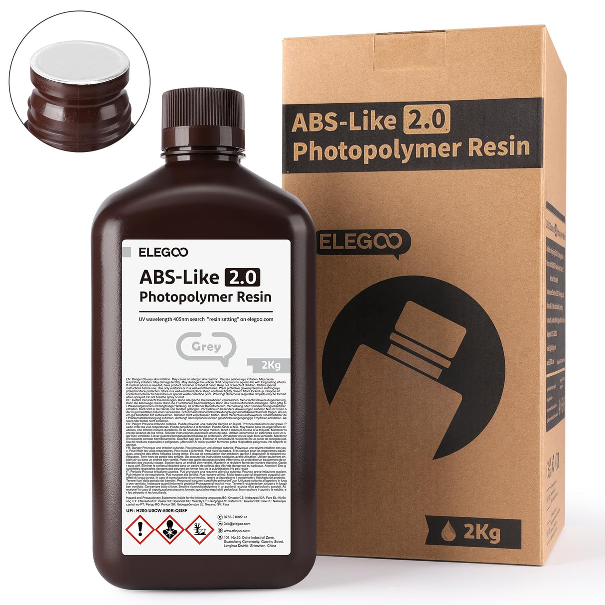 ELEGOO ABS-Like 2.0 3D Printer Resin 2000g Grey, Rapid Precise Printing Resin 405nm LCD UV-Curing for LCD 3D Printer ELEGOO