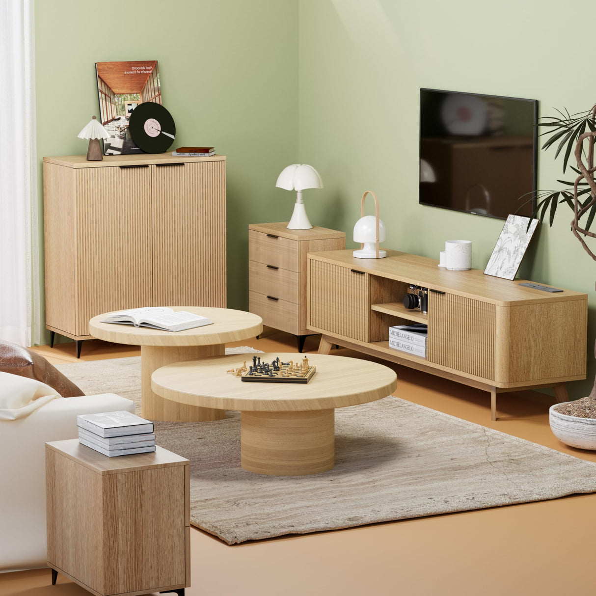 Royal Windsor Modern TV Stand for Living Room,Large TV Table with Fluted Door Cabinets and Open Shelves,Entertainment Center with Storage and TV Mount,Media Console Cabinet with Socket,Wood Grain Royal Windsor