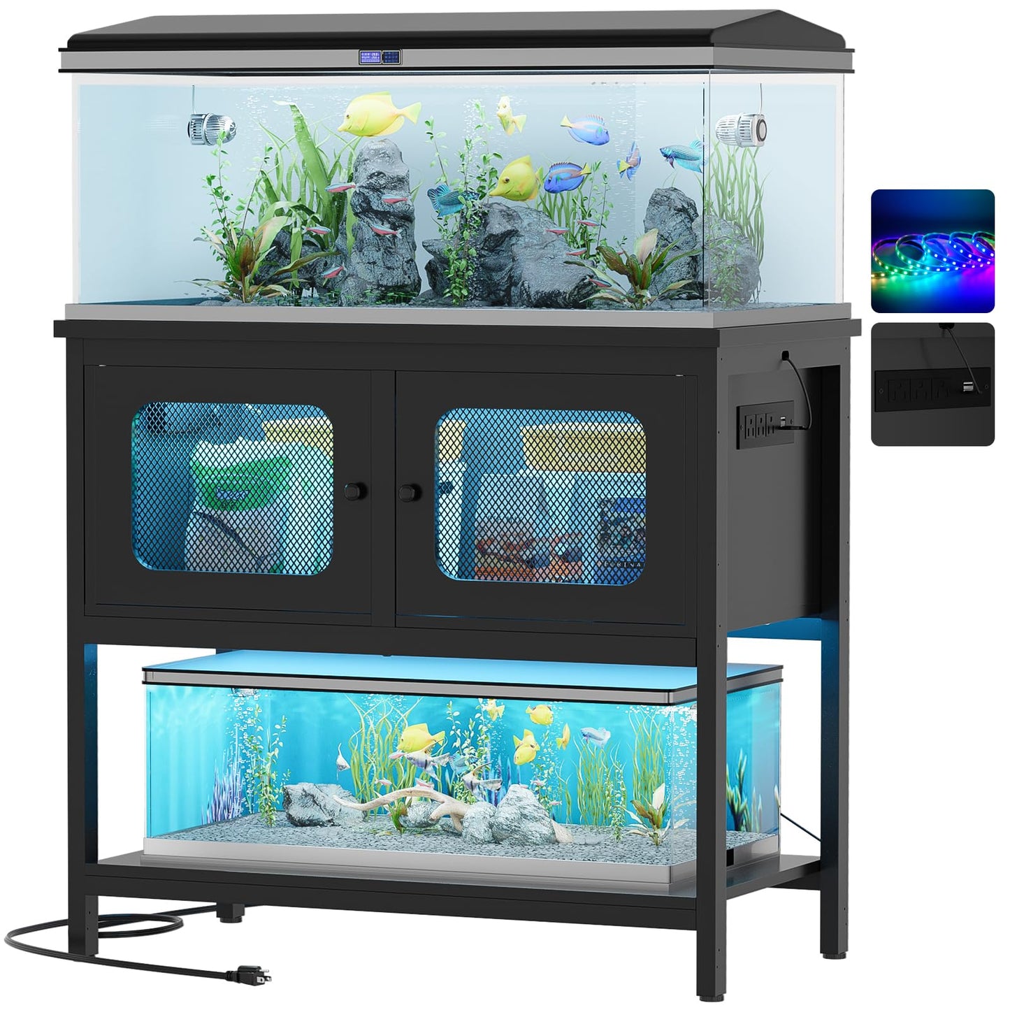 Hyomdeck 40 Gallon Fish Tank Stand with Magic Power Outlets and Smart LED Lights, Aquarium Stand with Storage Cabinet, Reptile Tank Stand with Unique Grid Door Design, Heavy Duty Metal Frame, - WoodArtSupply