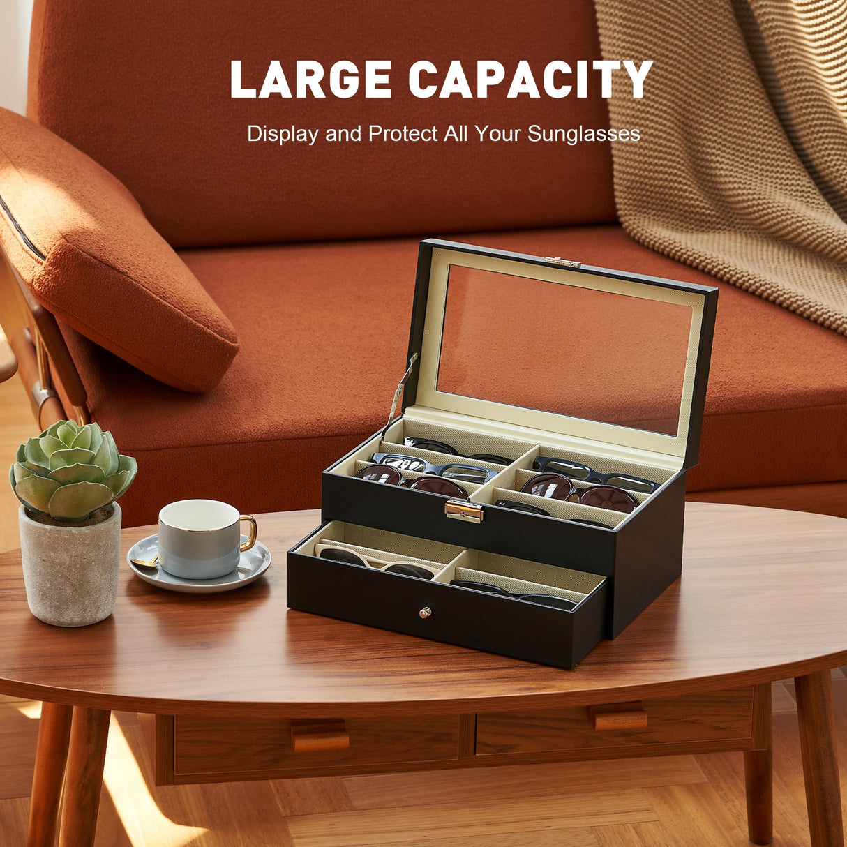 CO-Z Sunglasses Organizer with 12 Slots, Multiple Eyeglasses Eyewear Display Case for Women Men, 2 Story Leather Multi Sunglasses Jewelry Collection Holder with Drawer CO-Z